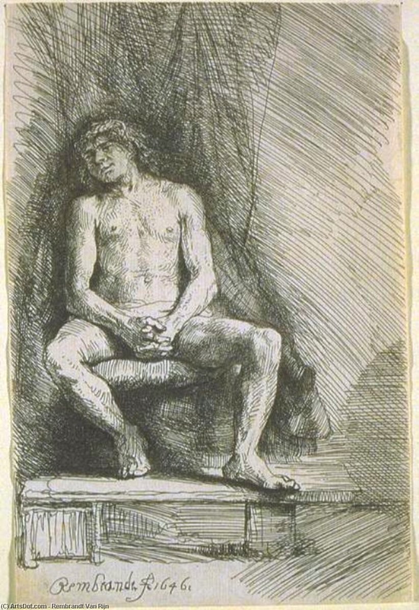 Wikioo.org - The Encyclopedia of Fine Arts - Painting, Artwork by Rembrandt Van Rijn - Study from the Nude Man Seated before a Curtain