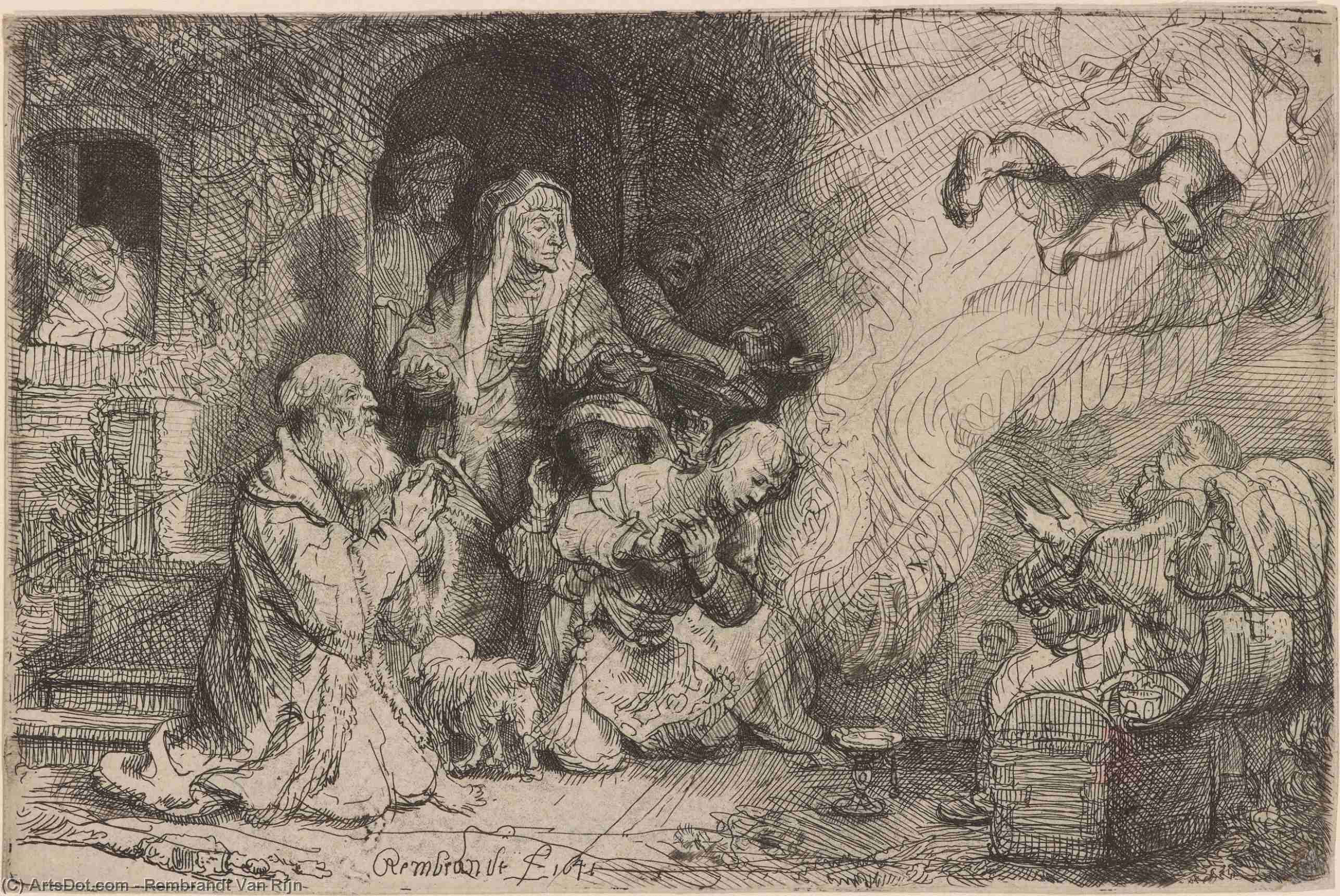 Wikioo.org – La Enciclopedia de las Bellas Artes - Pintura, Obras de arte de Rembrandt Van Rijn - El Asceding Ángel de Tobías y su familia