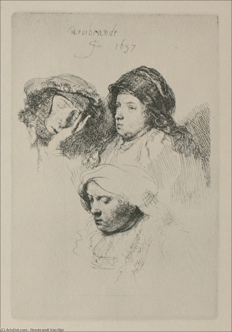 Wikioo.org - The Encyclopedia of Fine Arts - Painting, Artwork by Rembrandt Van Rijn - Three Heads of Women, One Asleep