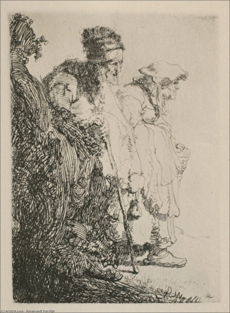 Wikioo.org - The Encyclopedia of Fine Arts - Painting, Artwork by Rembrandt Van Rijn - Two Beggars, a Man and a Woman, Coming from Behind a Bank