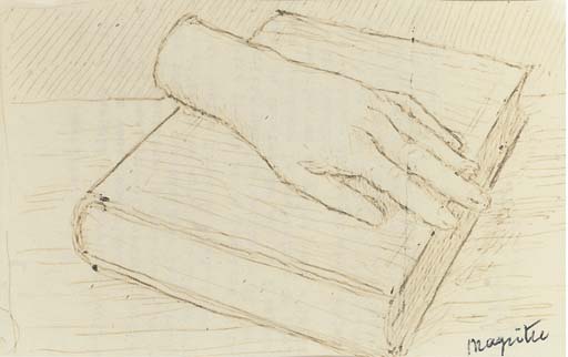 Wikoo.org - موسوعة الفنون الجميلة - اللوحة، العمل الفني Rene Magritte - La main sur le livre