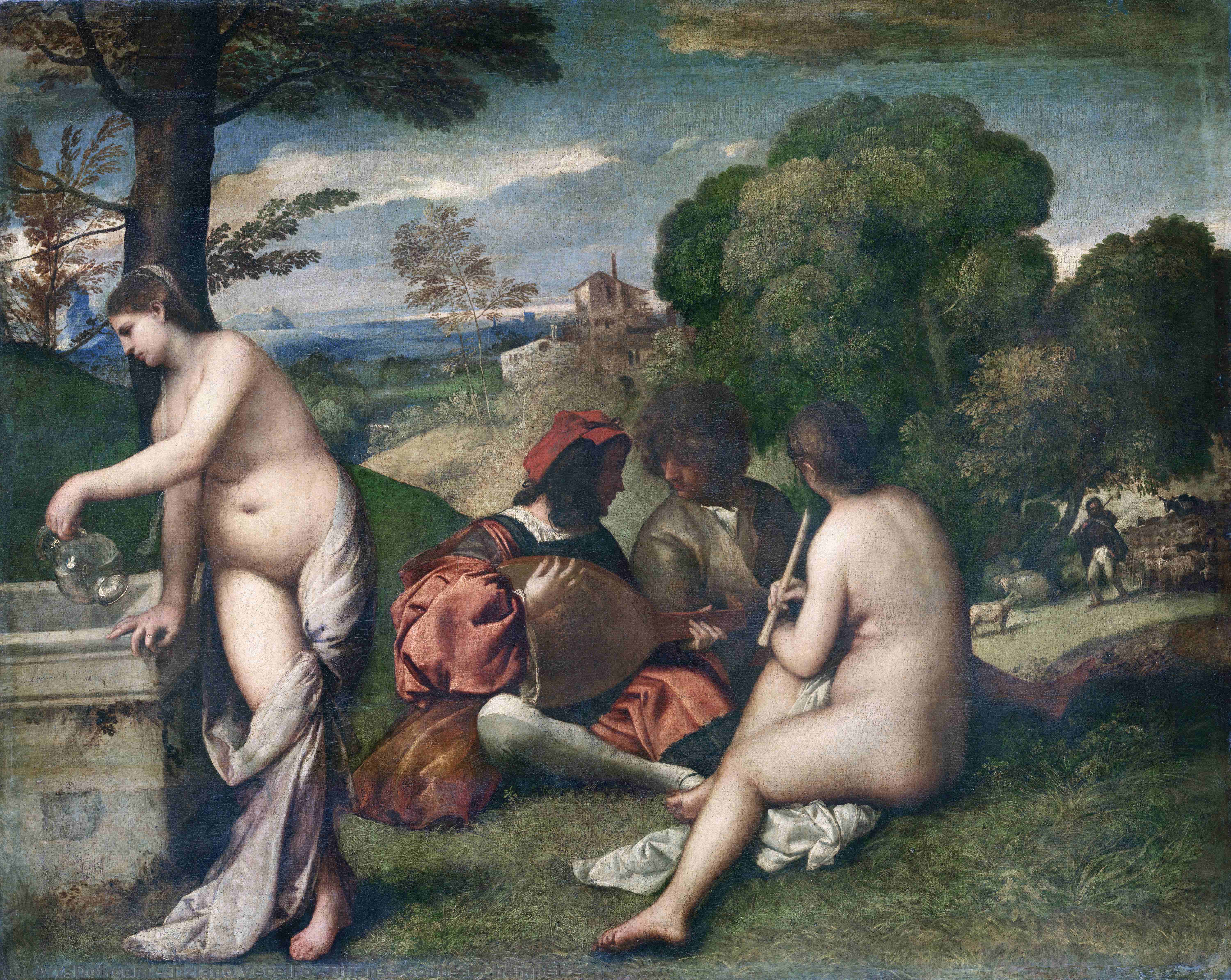 Wikioo.org - Die Enzyklopädie bildender Kunst - Malerei, Kunstwerk von Tiziano Vecellio (Titian) - konzert champetre