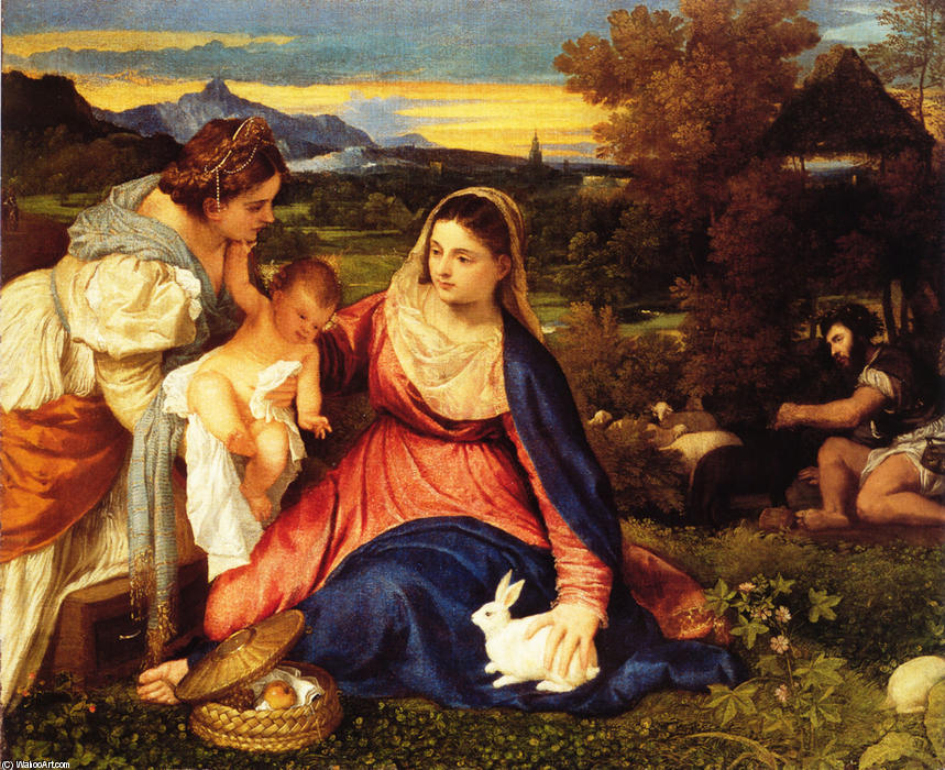 Wikioo.org - The Encyclopedia of Fine Arts - Painting, Artwork by Tiziano Vecellio (Titian) - Madonna of the Rabbit (aka Madonna and Child with St. Catherine and a Rabbit)