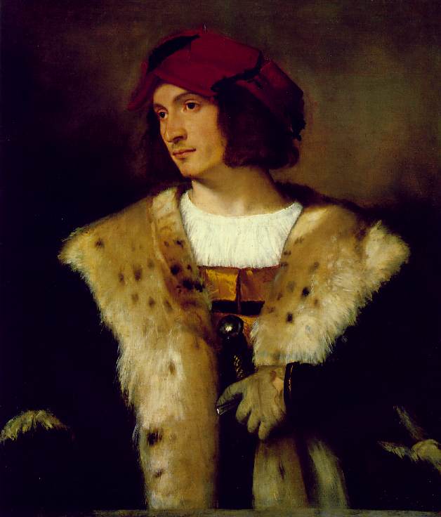 Wikioo.org – La Enciclopedia de las Bellas Artes - Pintura, Obras de arte de Tiziano Vecellio (Titian) - retrato de un hombre en a gorra roja