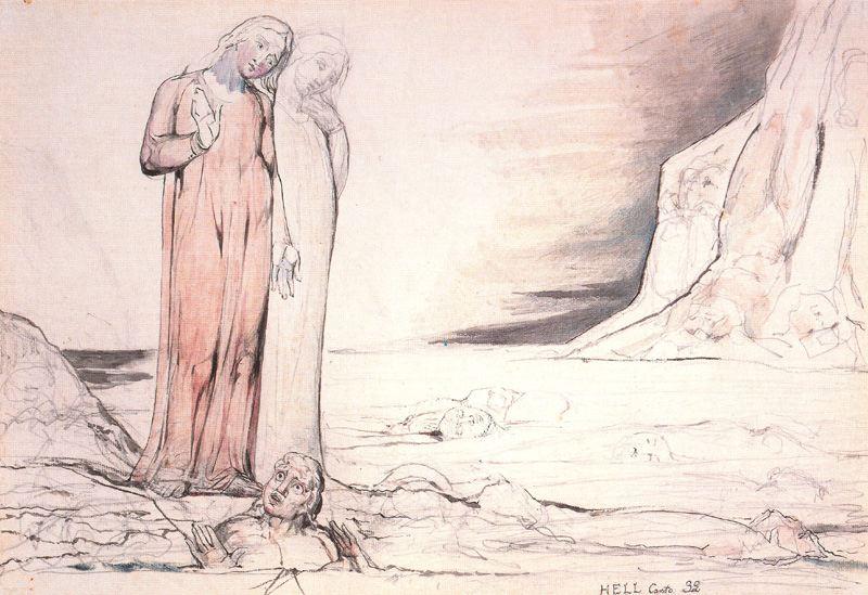 WikiOO.org - Encyclopedia of Fine Arts - Målning, konstverk William Blake - Dante tropieza con Bocca Degli Abbati 1