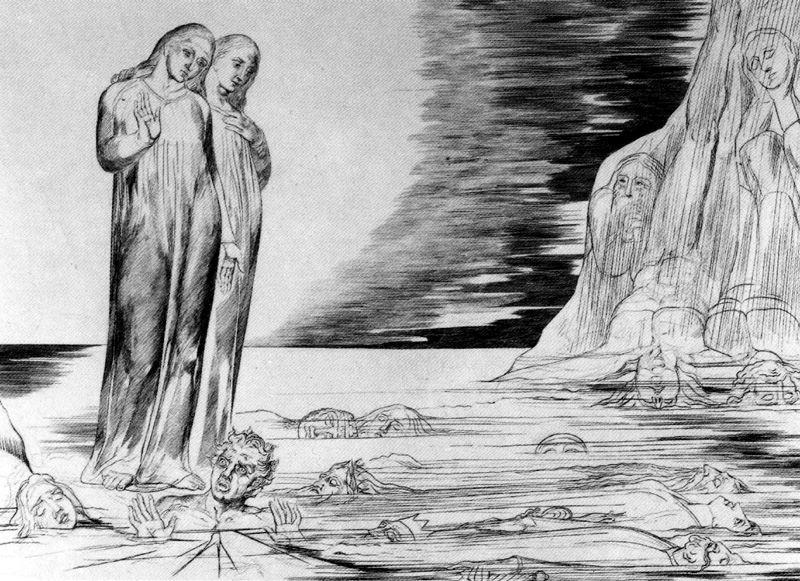 WikiOO.org - Encyclopedia of Fine Arts - Lukisan, Artwork William Blake - Dante tropieza con Bocca degli Abbati