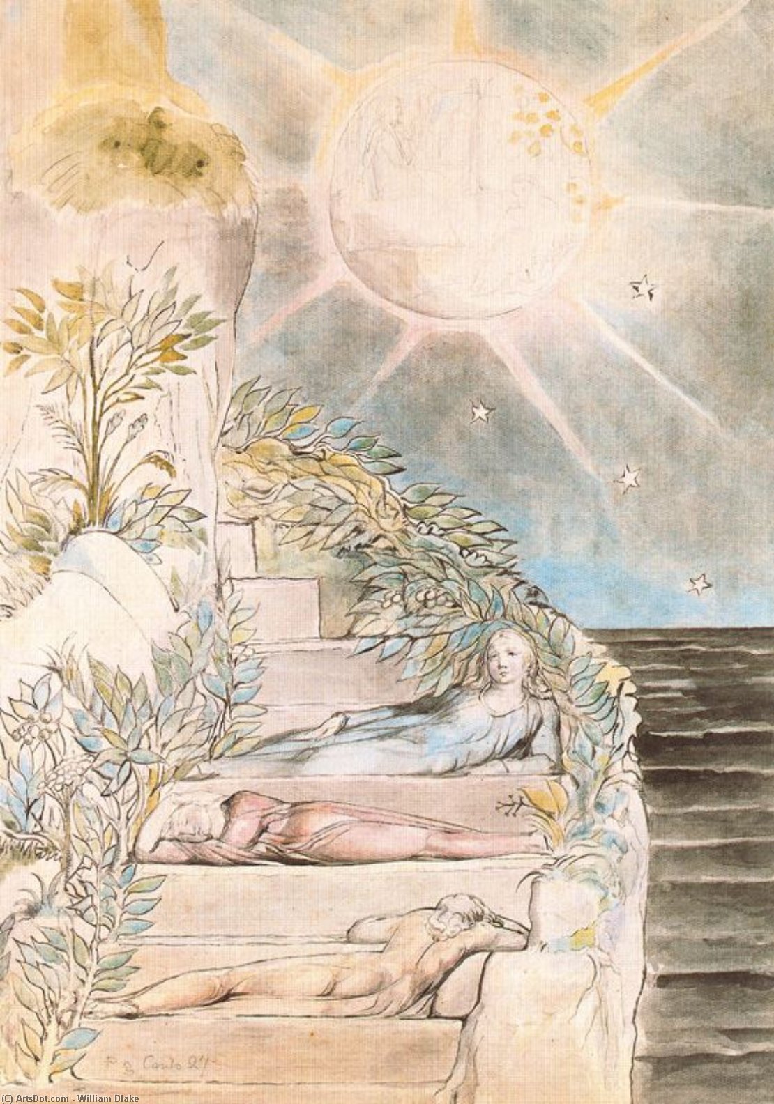 Wikioo.org - The Encyclopedia of Fine Arts - Painting, Artwork by William Blake - Dante y Estacio duermen mientras Virgilio vela