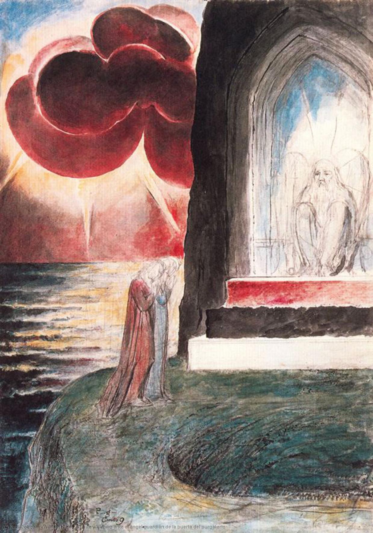 WikiOO.org - Enciclopédia das Belas Artes - Pintura, Arte por William Blake - Dante y Virgilio ante el ángel guardián de la puerta del purgatorio