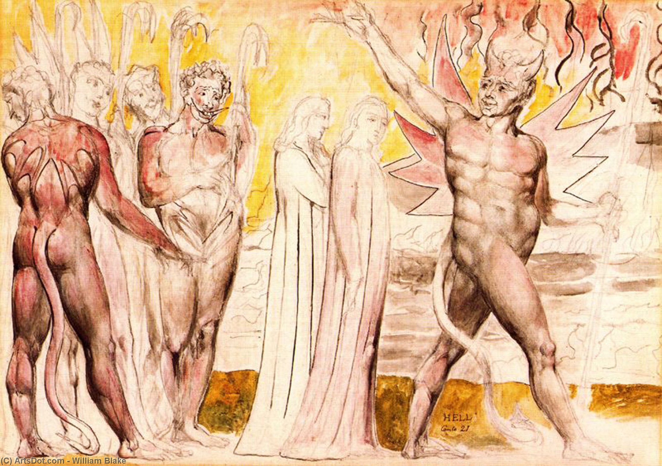 Wikioo.org - The Encyclopedia of Fine Arts - Painting, Artwork by William Blake - Dante y Virgilio emprenden el camino, escoltados por los diablos