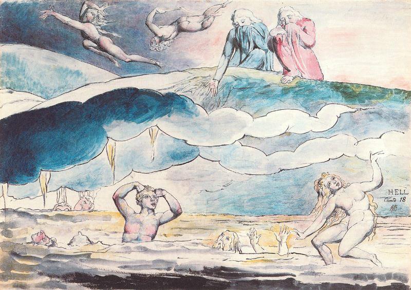 WikiOO.org - Enciclopédia das Belas Artes - Pintura, Arte por William Blake - Dante y Virgilio observan la fosa de los Aduladores