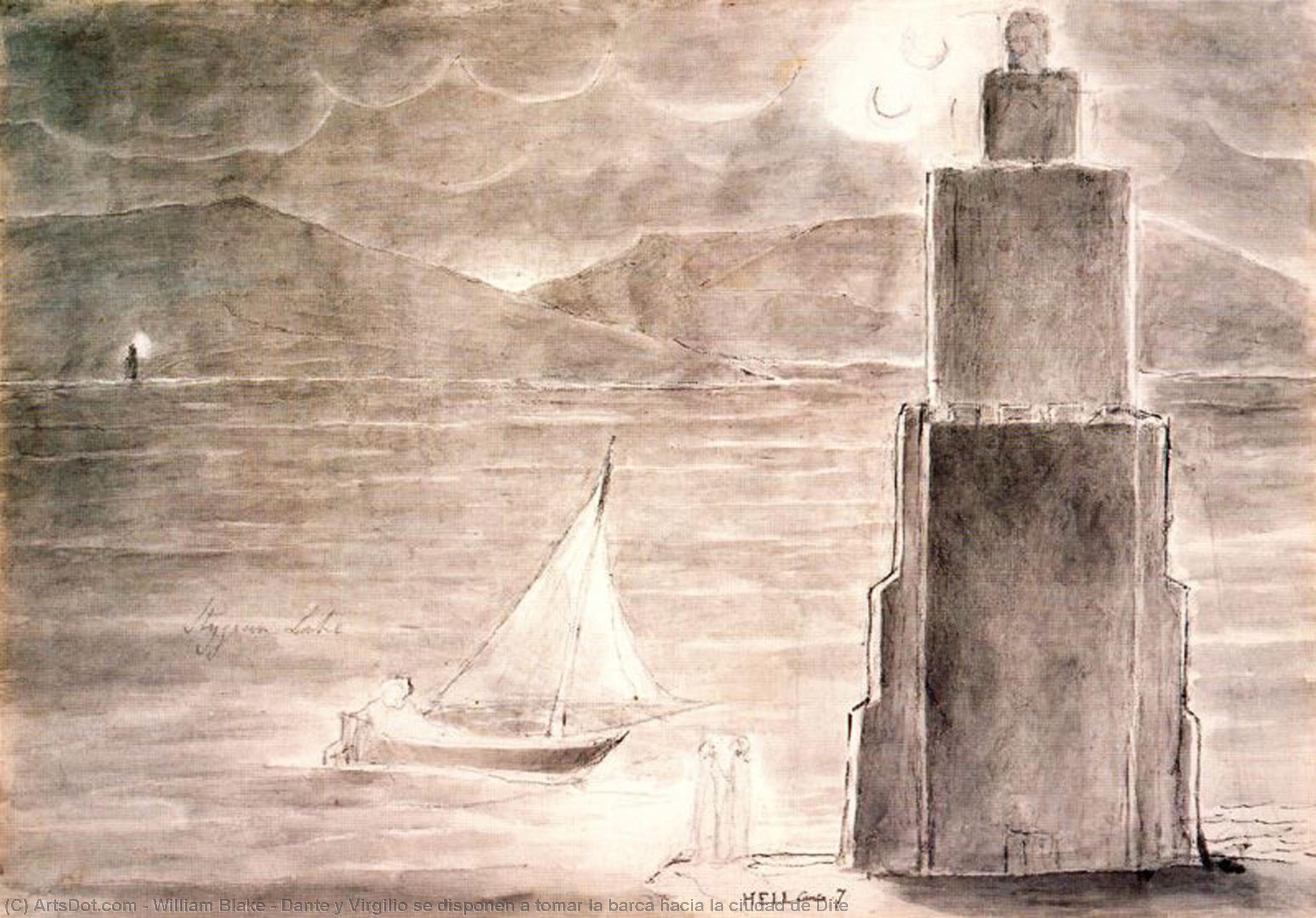 Wikoo.org - موسوعة الفنون الجميلة - اللوحة، العمل الفني William Blake - Dante y Virgilio se disponen a tomar la barca hacia la ciudad de Dite