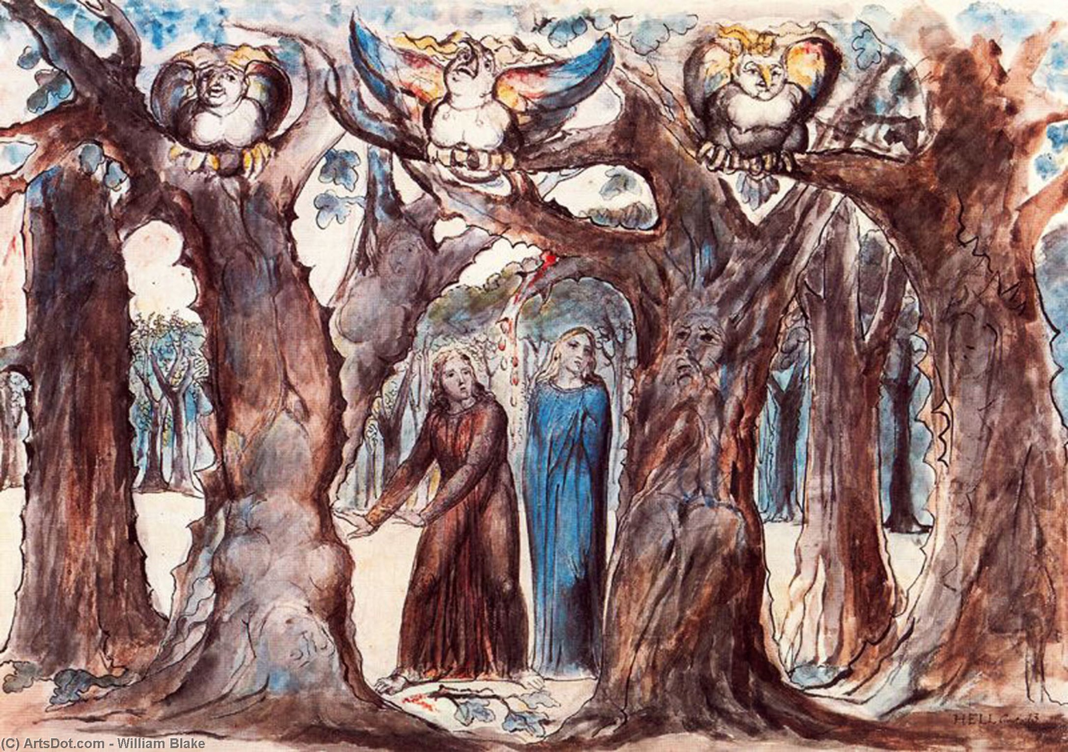 Wikioo.org - The Encyclopedia of Fine Arts - Painting, Artwork by William Blake - El bosque de los que se autodestruyen. las arpías y los suicidados