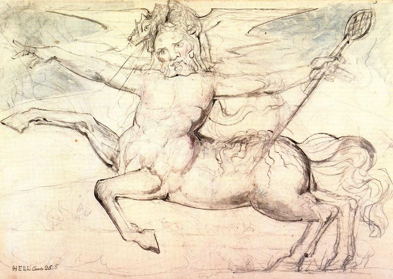 Wikioo.org – La Enciclopedia de las Bellas Artes - Pintura, Obras de arte de William Blake - El Centauro caco Amenaza una Vanni Fucci