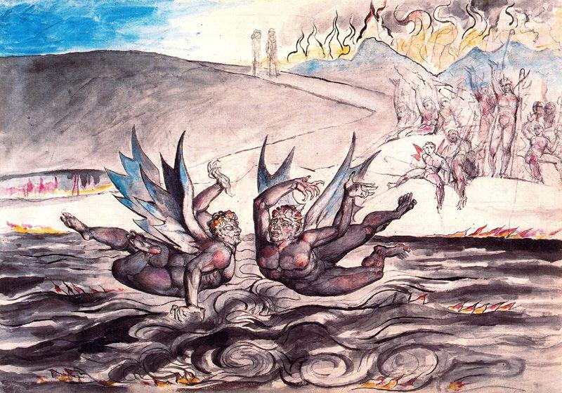 Wikioo.org - Encyklopedia Sztuk Pięknych - Malarstwo, Grafika William Blake - Fight between devils 1