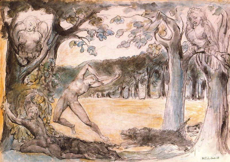 Wikioo.org - The Encyclopedia of Fine Arts - Painting, Artwork by William Blake - Greyhounds of hell chasing the destroyers of their own property