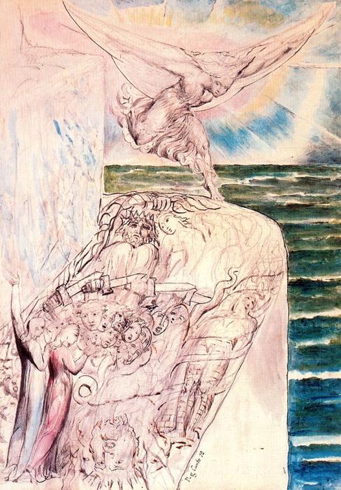Wikioo.org - สารานุกรมวิจิตรศิลป์ - จิตรกรรม William Blake - Los orgullosos de la historia en la senda y el ángel que baja del cielo