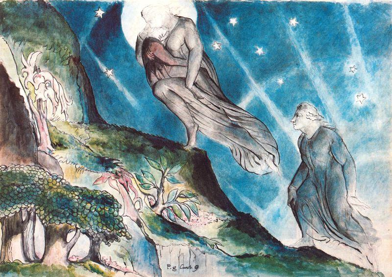 Wikioo.org – La Enciclopedia de las Bellas Artes - Pintura, Obras de arte de William Blake - Lucía toma Dante a la entrada del Purgatorio