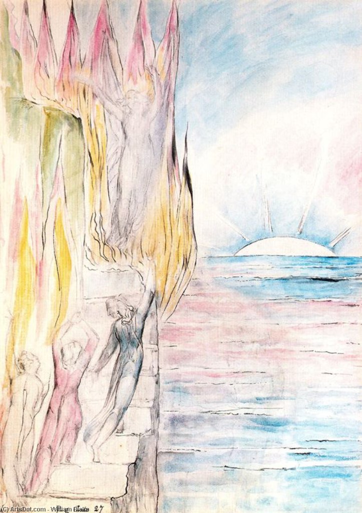 Wikioo.org – La Enciclopedia de las Bellas Artes - Pintura, Obras de arte de William Blake - El ángel invita a Dante para entrar en llamas