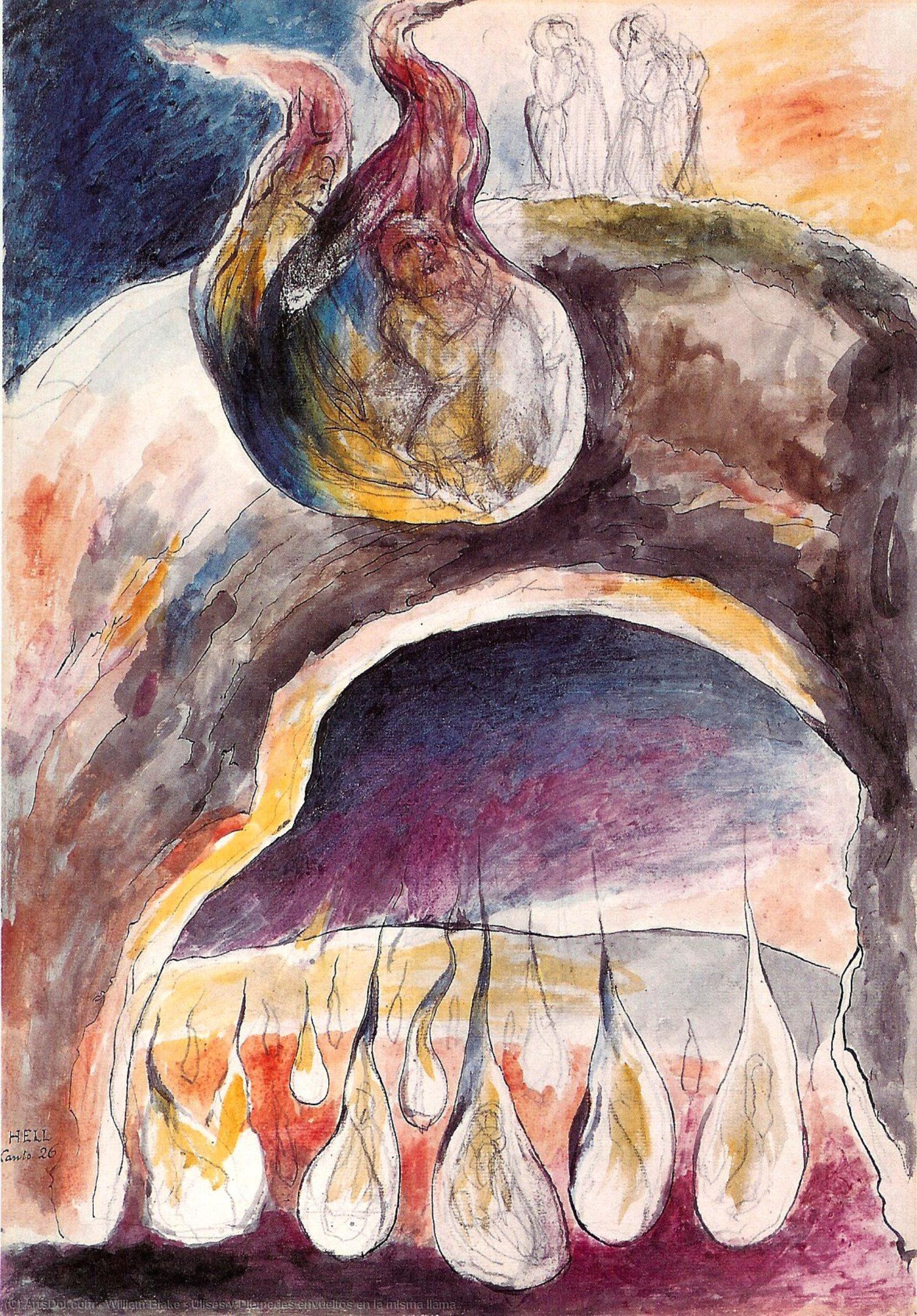 Wikioo.org - The Encyclopedia of Fine Arts - Painting, Artwork by William Blake - Ulises y Diomedes envueltos en la misma llama