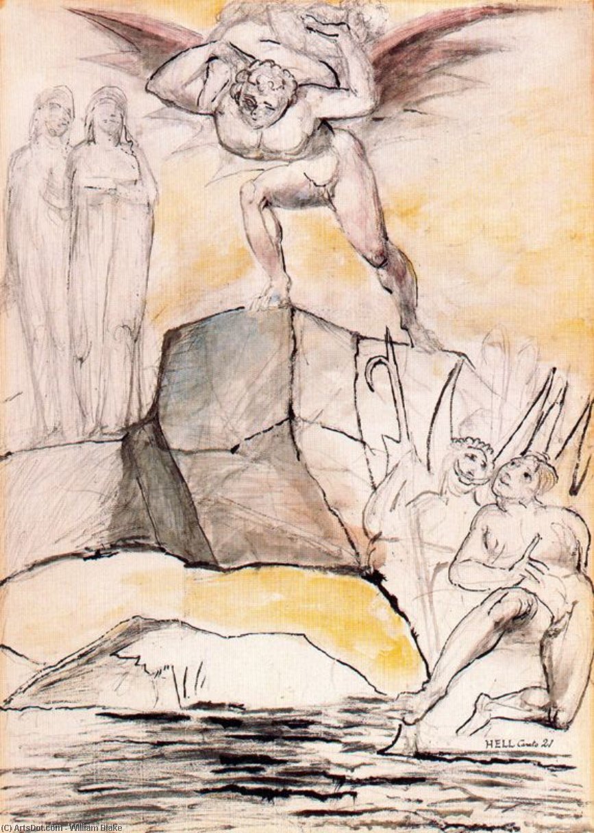 Wikioo.org – L'Enciclopedia delle Belle Arti - Pittura, Opere di William Blake - Onu diablo llevando al prevaricador de lucca al lago de pez Hirviente