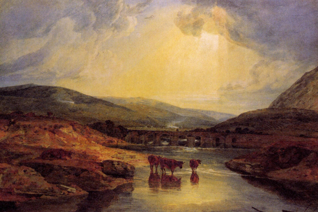 Wikioo.org - The Encyclopedia of Fine Arts - Painting, Artwork by William Turner - Abergavenny Bridge, Monmountshire, clearing up after a showery day