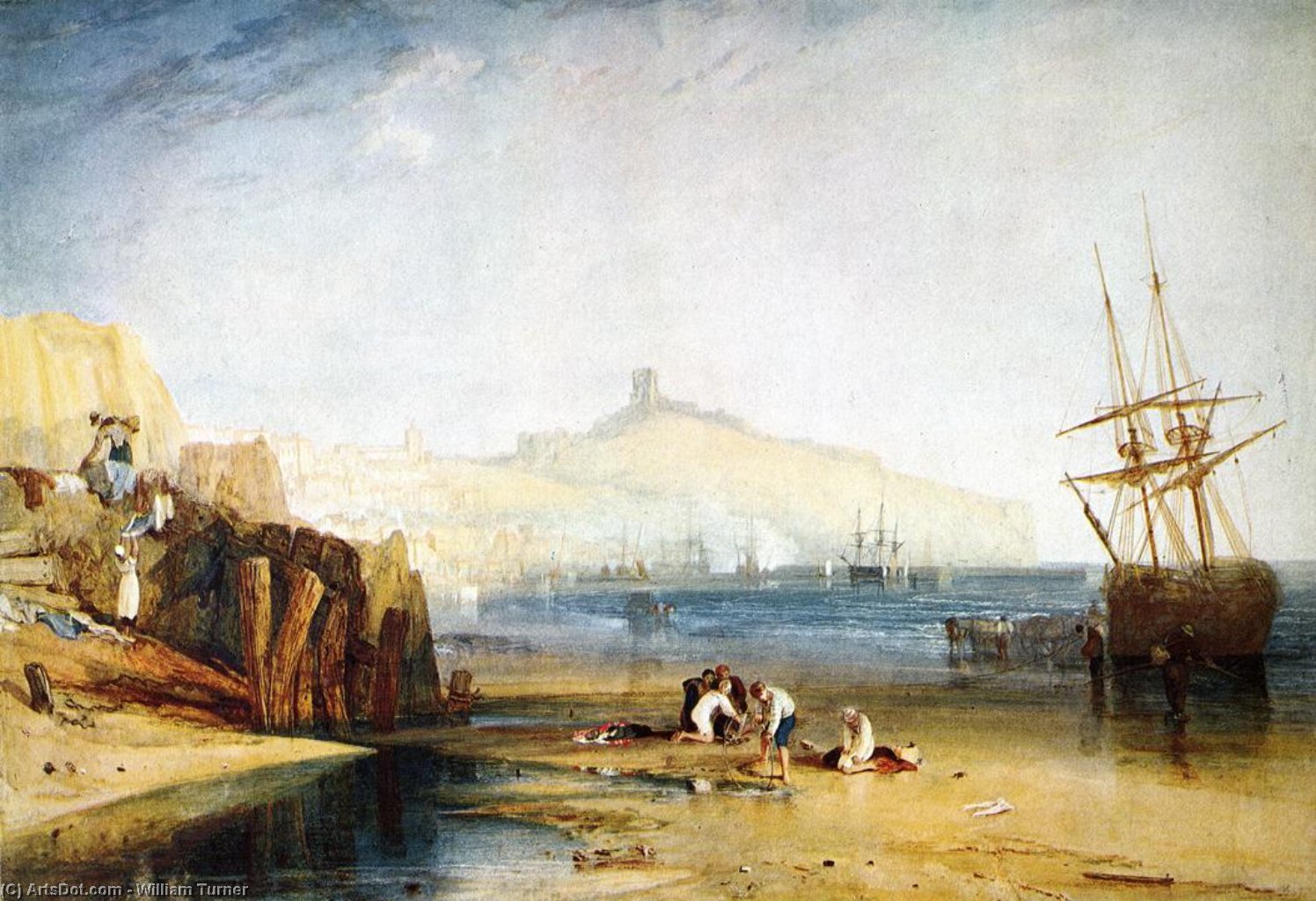 Wikioo.org - The Encyclopedia of Fine Arts - Painting, Artwork by William Turner - Scarborough Town and Castle. Morning.Boys Catching Crabs