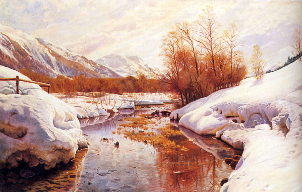 Wikioo.org - The Encyclopedia of Fine Arts - Painting, Artwork by Peder Mork Monsted - A Mountain Torrent In A Winter Landscape