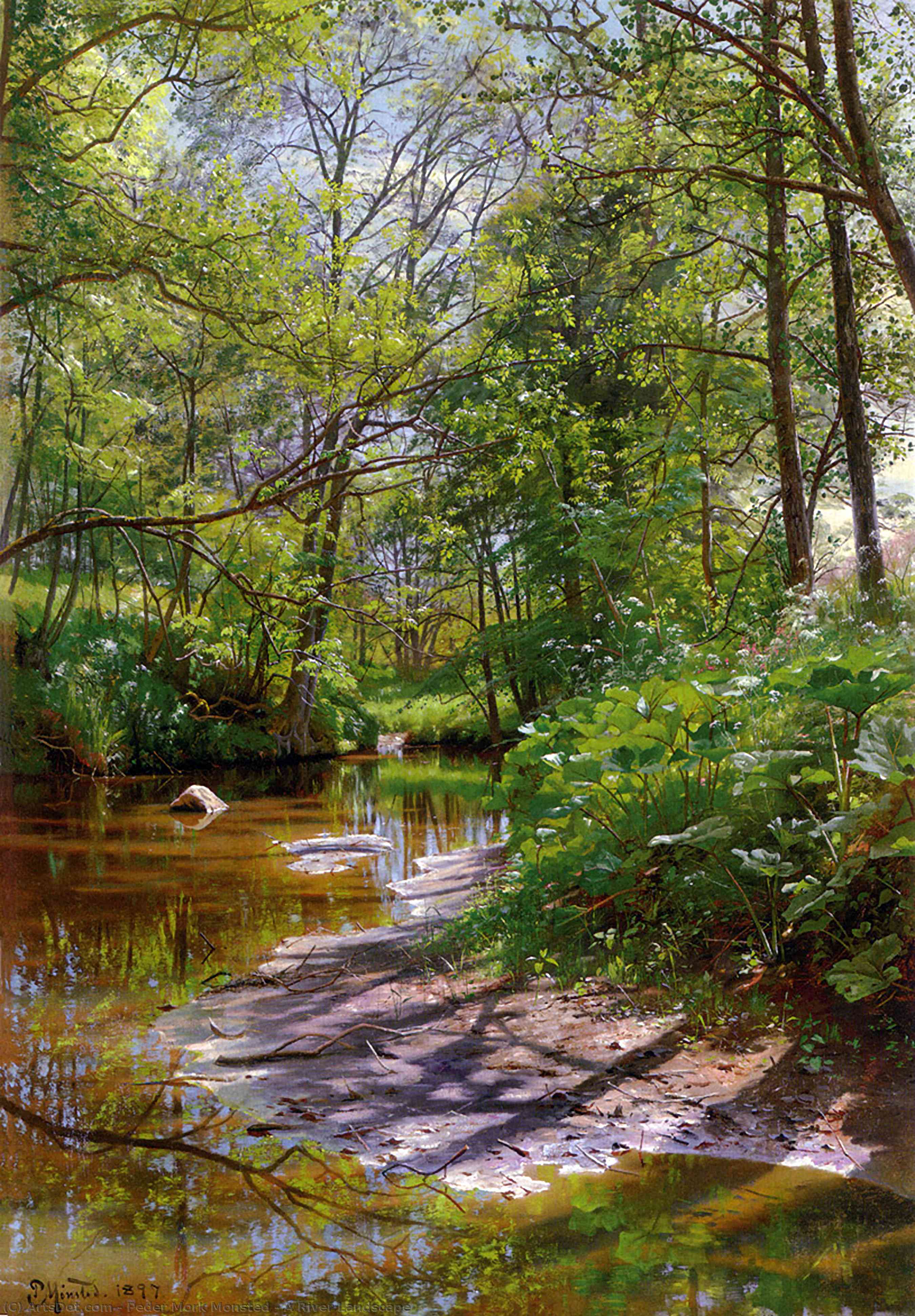 WikiOO.org - Enciclopédia das Belas Artes - Pintura, Arte por Peder Mork Monsted - A River Landscape