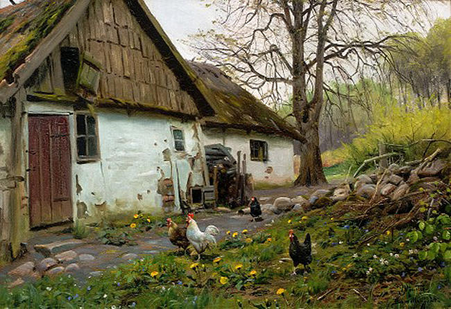 WikiOO.org - Encyclopedia of Fine Arts - Malba, Artwork Peder Mork Monsted - Bromolle Farm with Chickens