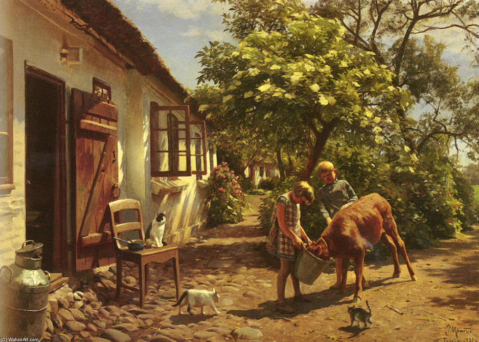 Wikioo.org - The Encyclopedia of Fine Arts - Painting, Artwork by Peder Mork Monsted - Feeding The Calf