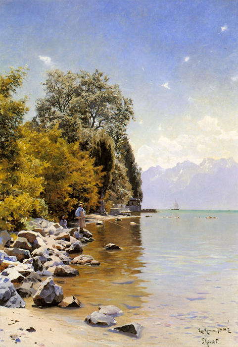Wikoo.org - موسوعة الفنون الجميلة - اللوحة، العمل الفني Peder Mork Monsted - Fishing on Lac Leman