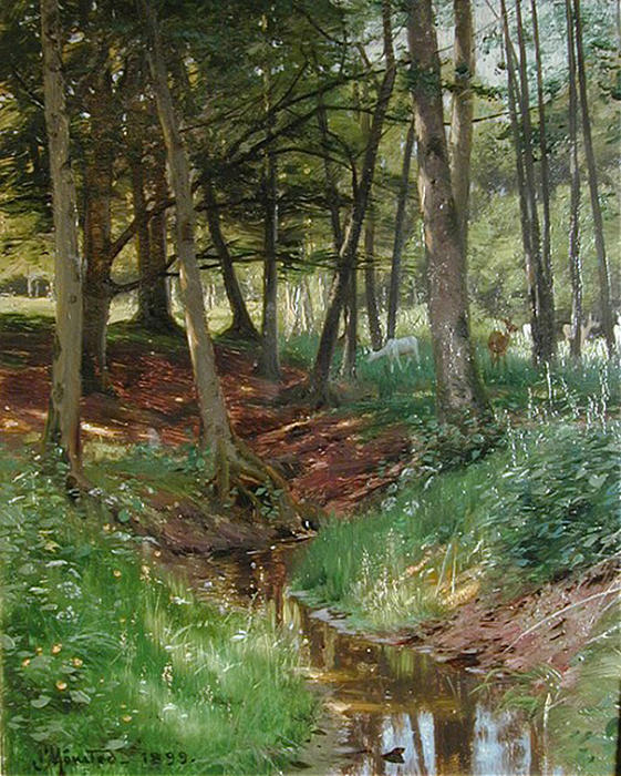 Wikioo.org - The Encyclopedia of Fine Arts - Painting, Artwork by Peder Mork Monsted - Landscape With Deer