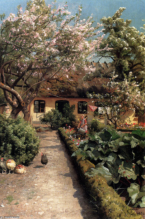 Wikioo.org - The Encyclopedia of Fine Arts - Painting, Artwork by Peder Mork Monsted - Watering The Garden