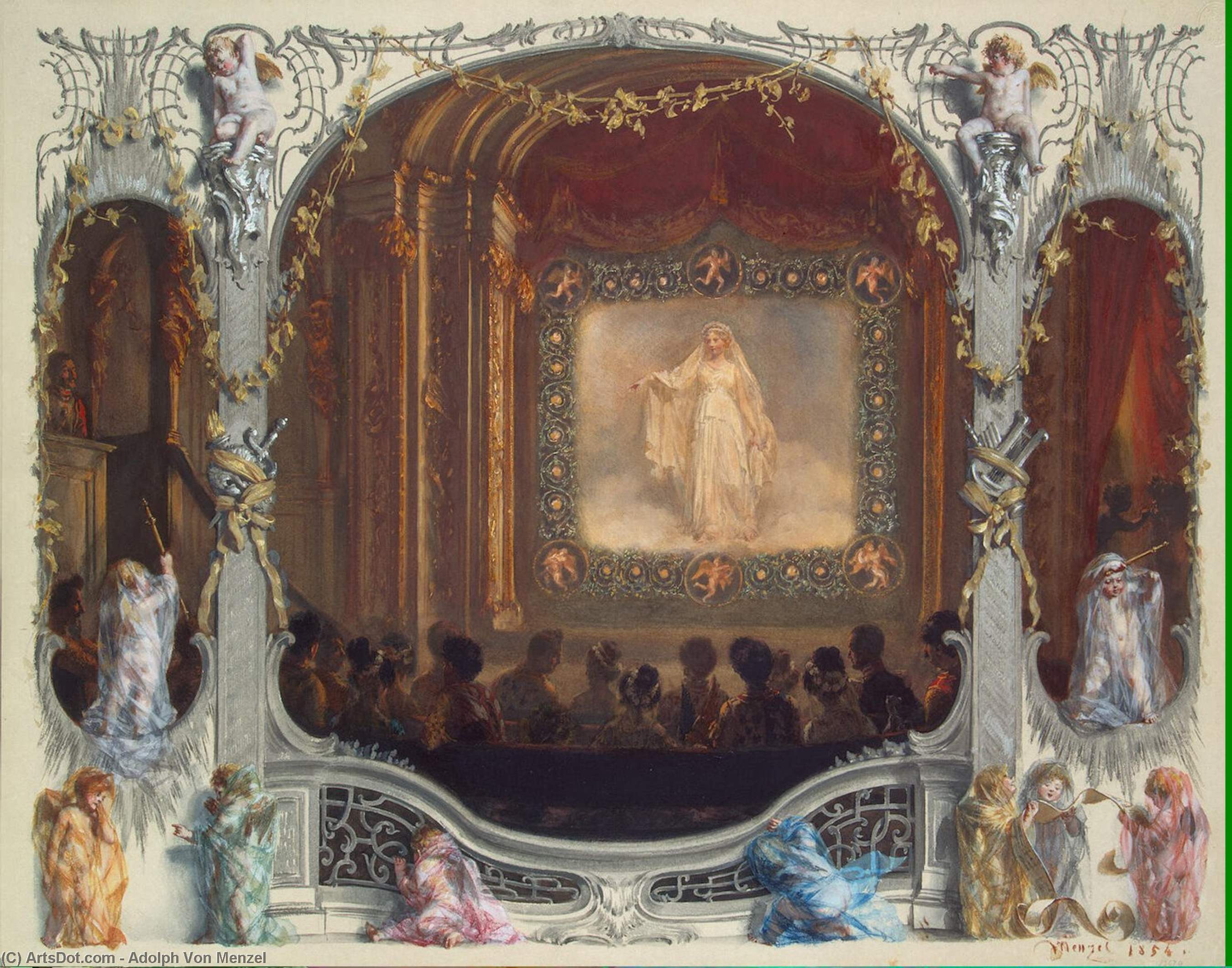 Wikioo.org - The Encyclopedia of Fine Arts - Painting, Artwork by Adolph Menzel - Festival in the Theatre of the New Palace. 1829