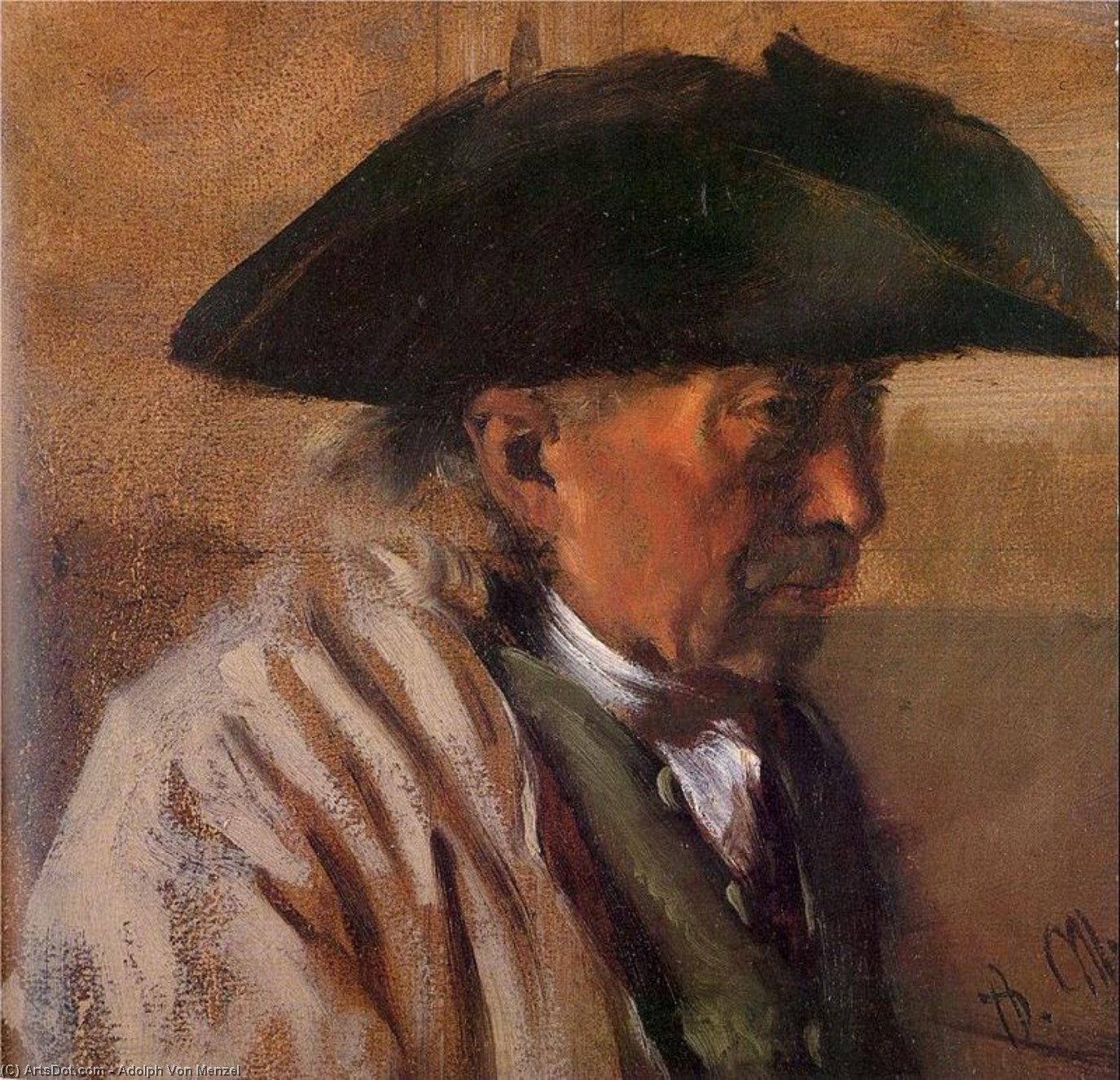 Wikioo.org - The Encyclopedia of Fine Arts - Painting, Artwork by Adolph Menzel - Head of a Peasant with Three-Cornered Hat