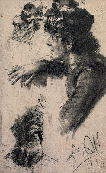 Wikioo.org - สารานุกรมวิจิตรศิลป์ - จิตรกรรม Adolph Menzel - Study of a Female Figure in Profile, with Related Studies of a Hat and Right Hand