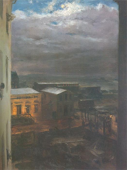 Wikioo.org - The Encyclopedia of Fine Arts - Painting, Artwork by Adolph Menzel - The Anhalter Railway Station by Moonlight