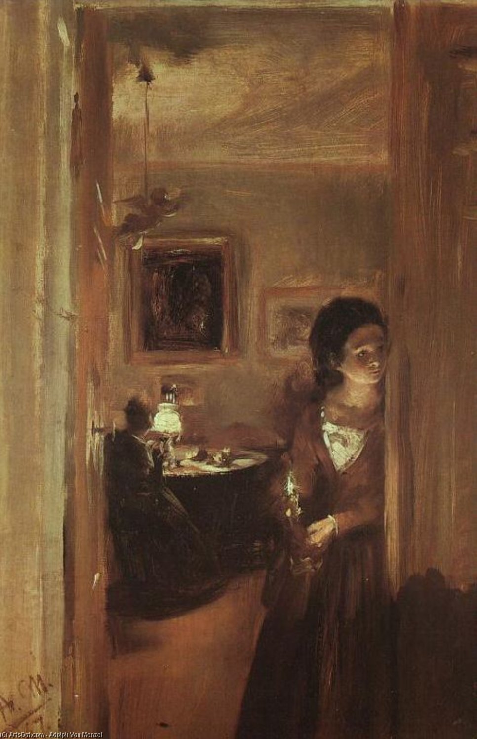 Wikioo.org - The Encyclopedia of Fine Arts - Painting, Artwork by Adolph Menzel - The Artist's Sister with a Candle