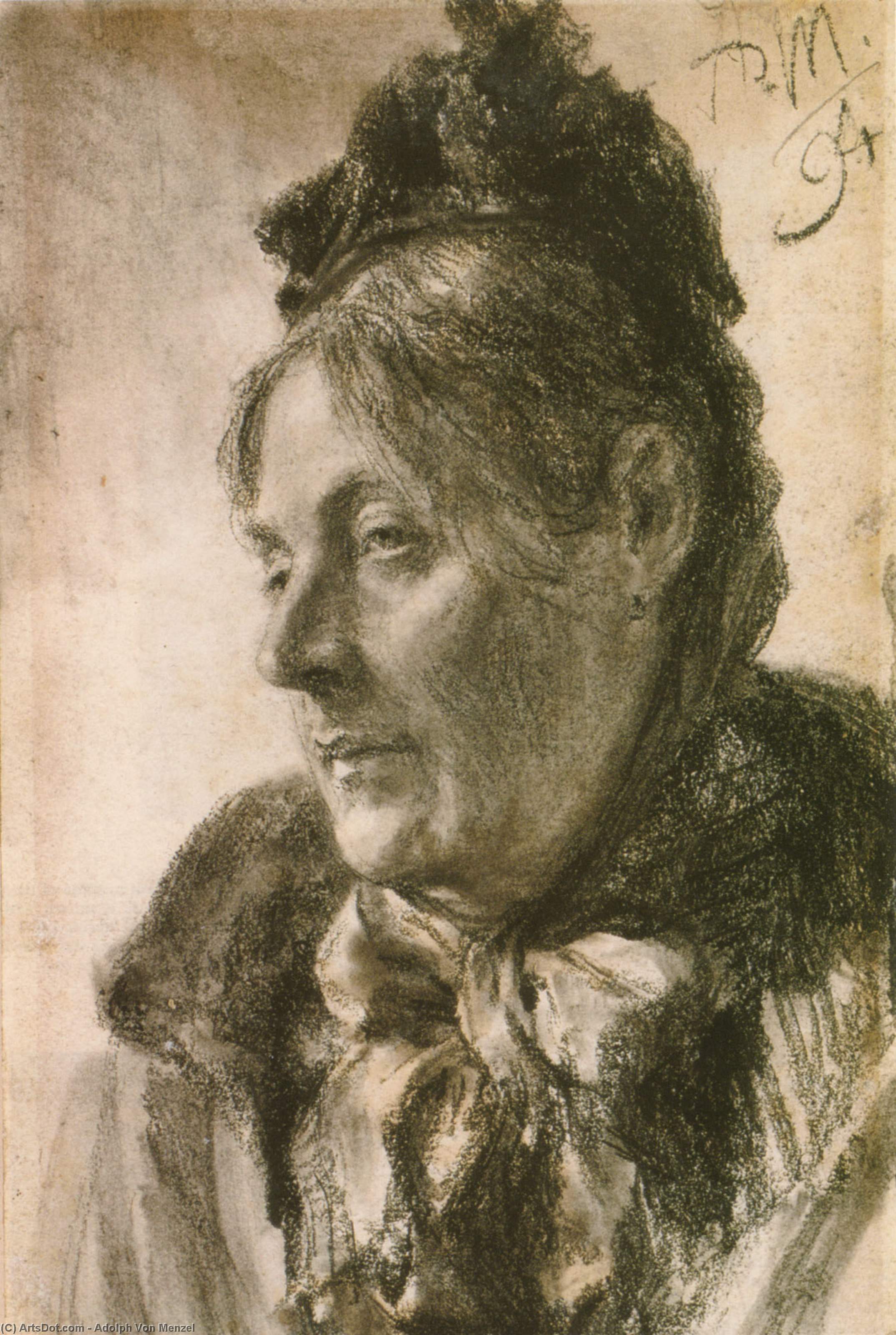 Wikioo.org - The Encyclopedia of Fine Arts - Painting, Artwork by Adolph Menzel - The Head of a Woman