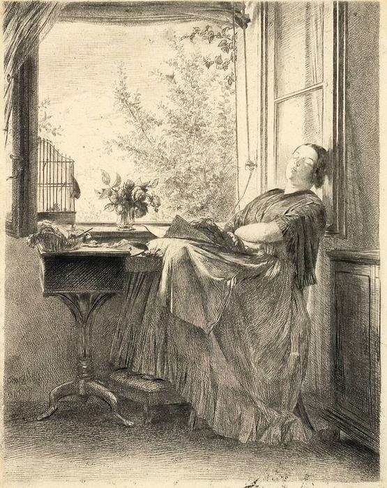 Wikioo.org - The Encyclopedia of Fine Arts - Painting, Artwork by Adolph Menzel - The sleeping seamstress at the window