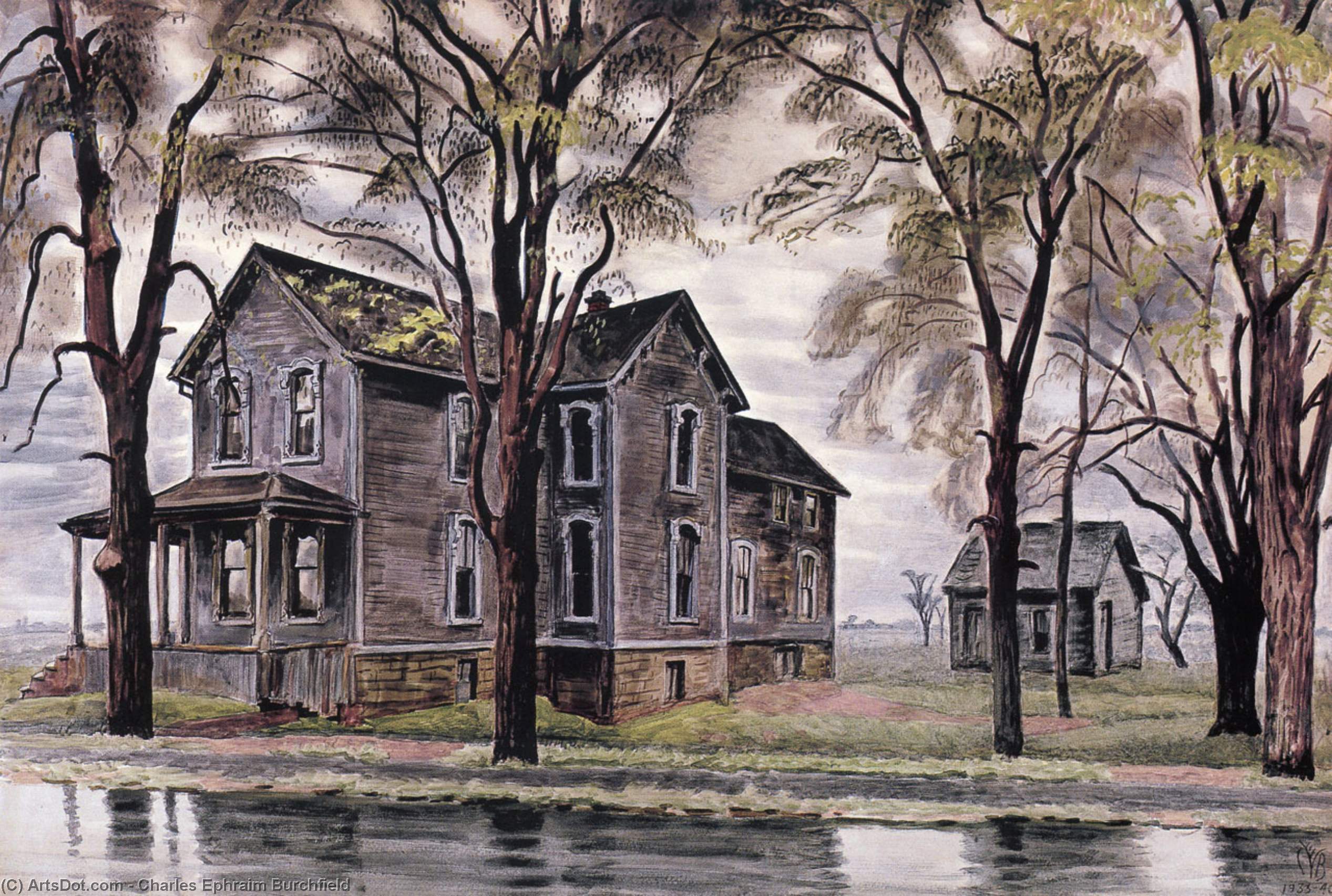 Wikioo.org – L'Encyclopédie des Beaux Arts - Peinture, Oeuvre de Charles Ephraim Burchfield - maison ancienne et  orme  arbres