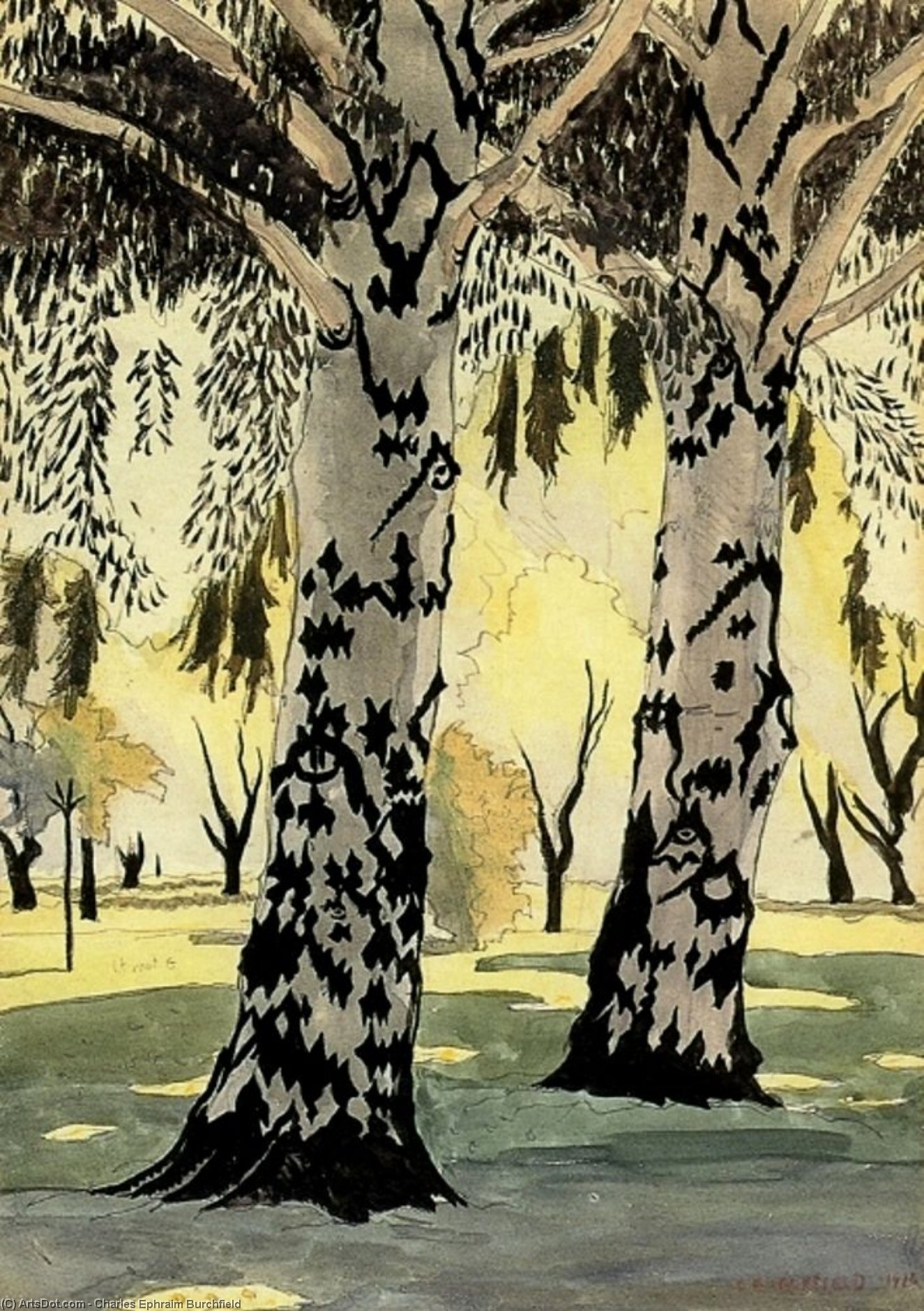Wikioo.org - The Encyclopedia of Fine Arts - Painting, Artwork by Charles Ephraim Burchfield - Poplars in May (aka Between Two Poplars)