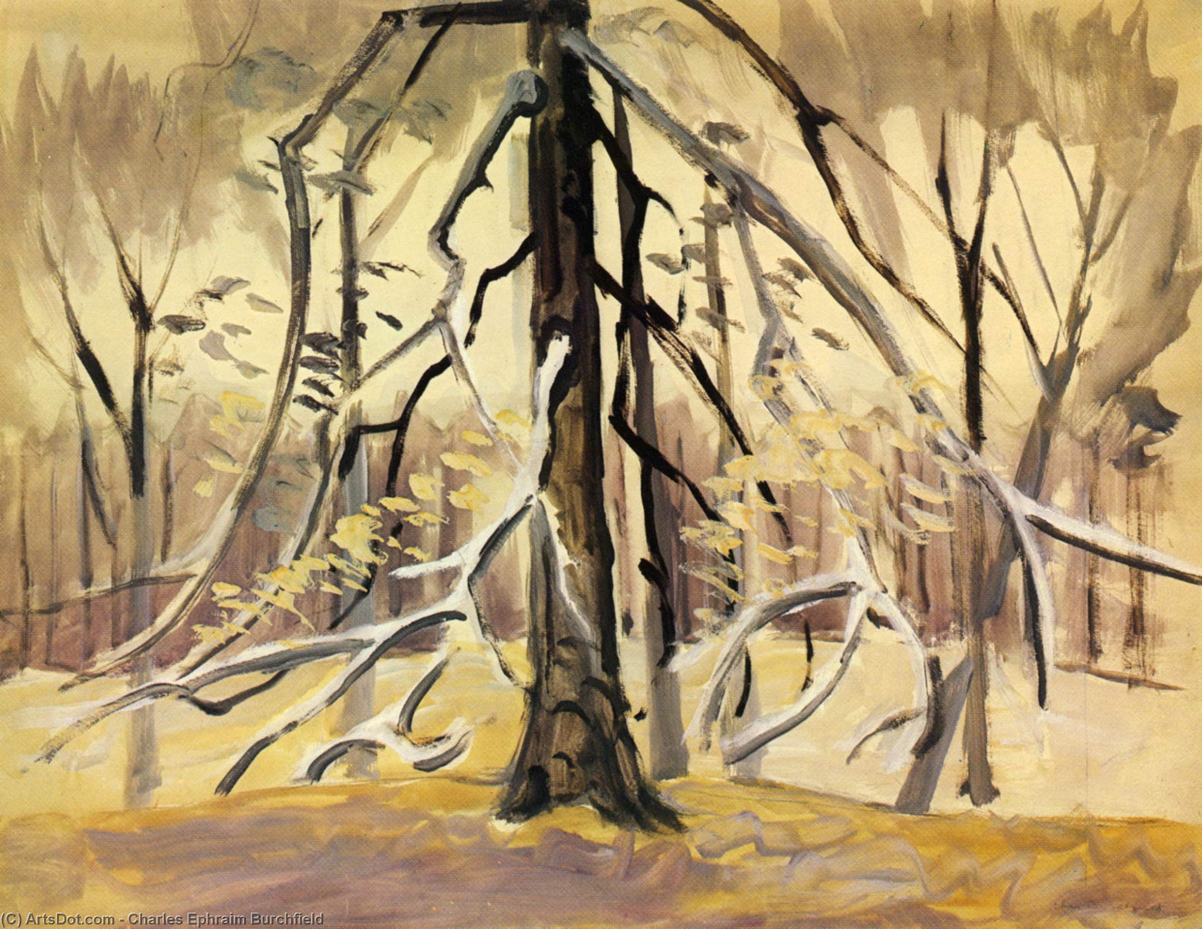 Wikioo.org – La Enciclopedia de las Bellas Artes - Pintura, Obras de arte de Charles Ephraim Burchfield - Plateado Luz De noviembre Viniendo a través de árboles