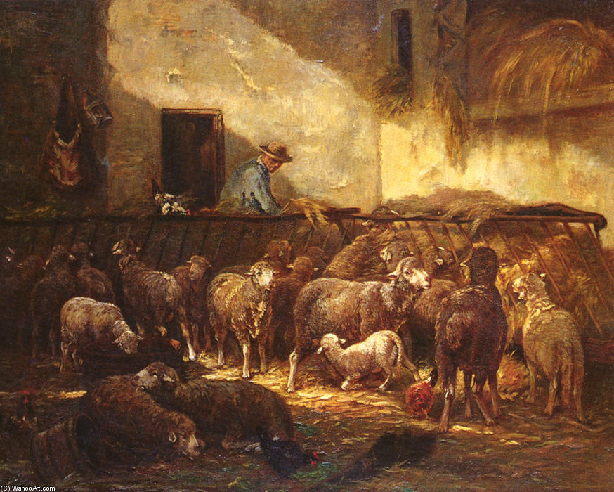 Wikoo.org - موسوعة الفنون الجميلة - اللوحة، العمل الفني Charles Émile Jacque - A Flock Of Sheep In A Barn