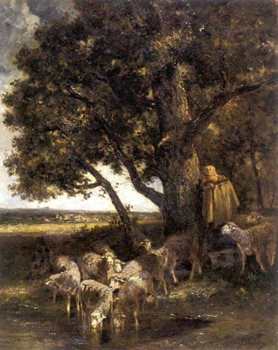 Wikioo.org - The Encyclopedia of Fine Arts - Painting, Artwork by Charles Émile Jacque - A Shepherdess with Her Flock by a Pool