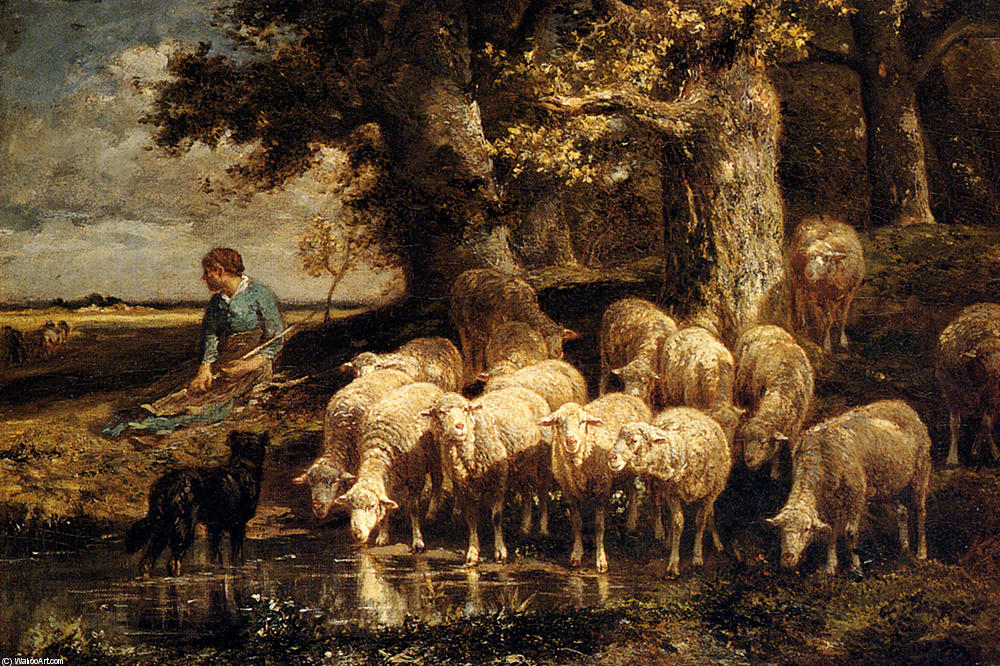 Wikioo.org – L'Encyclopédie des Beaux Arts - Peinture, Oeuvre de Charles Émile Jacque - Une bergère Avec son troupeau