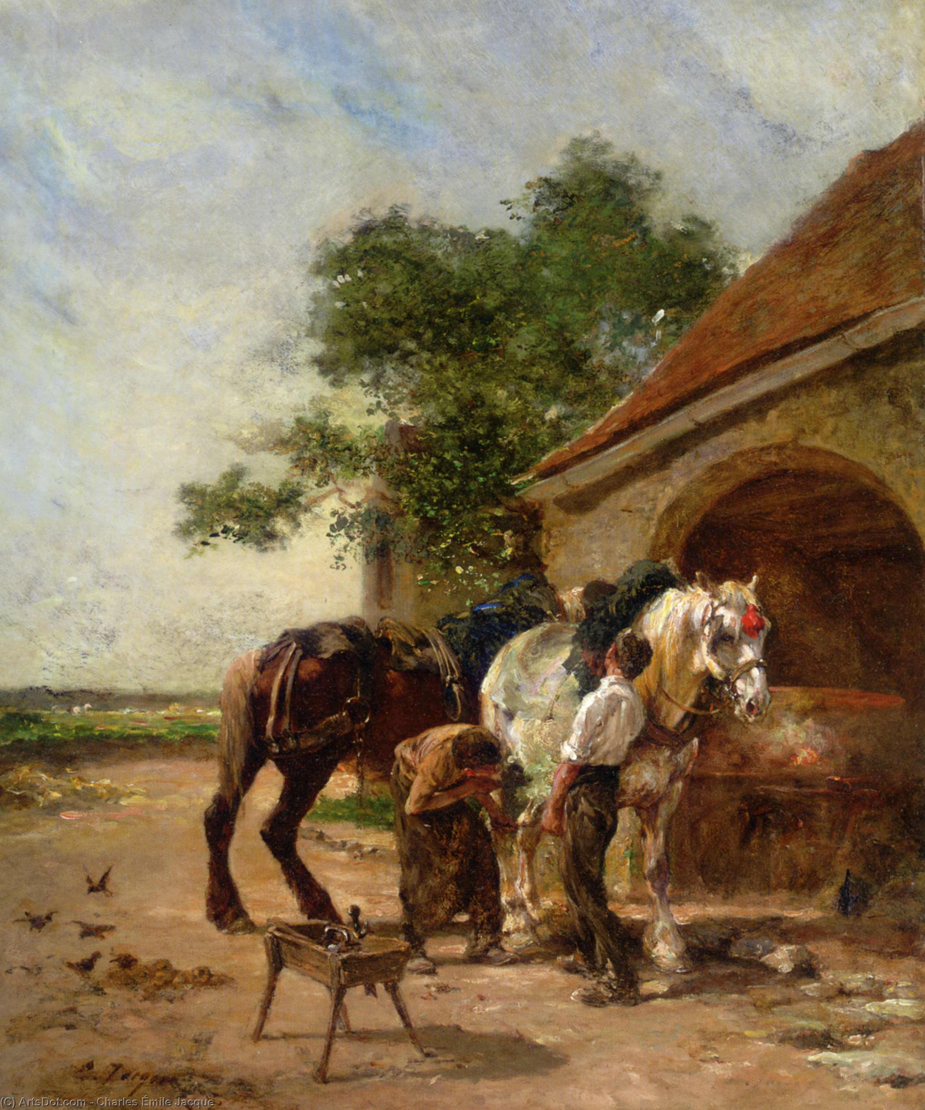 Wikioo.org - The Encyclopedia of Fine Arts - Painting, Artwork by Charles Émile Jacque - Attending to the horses