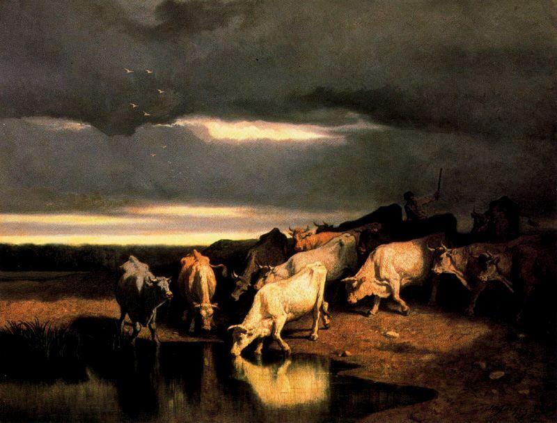 Wikioo.org - The Encyclopedia of Fine Arts - Painting, Artwork by Charles Émile Jacque - Cattle in a trough