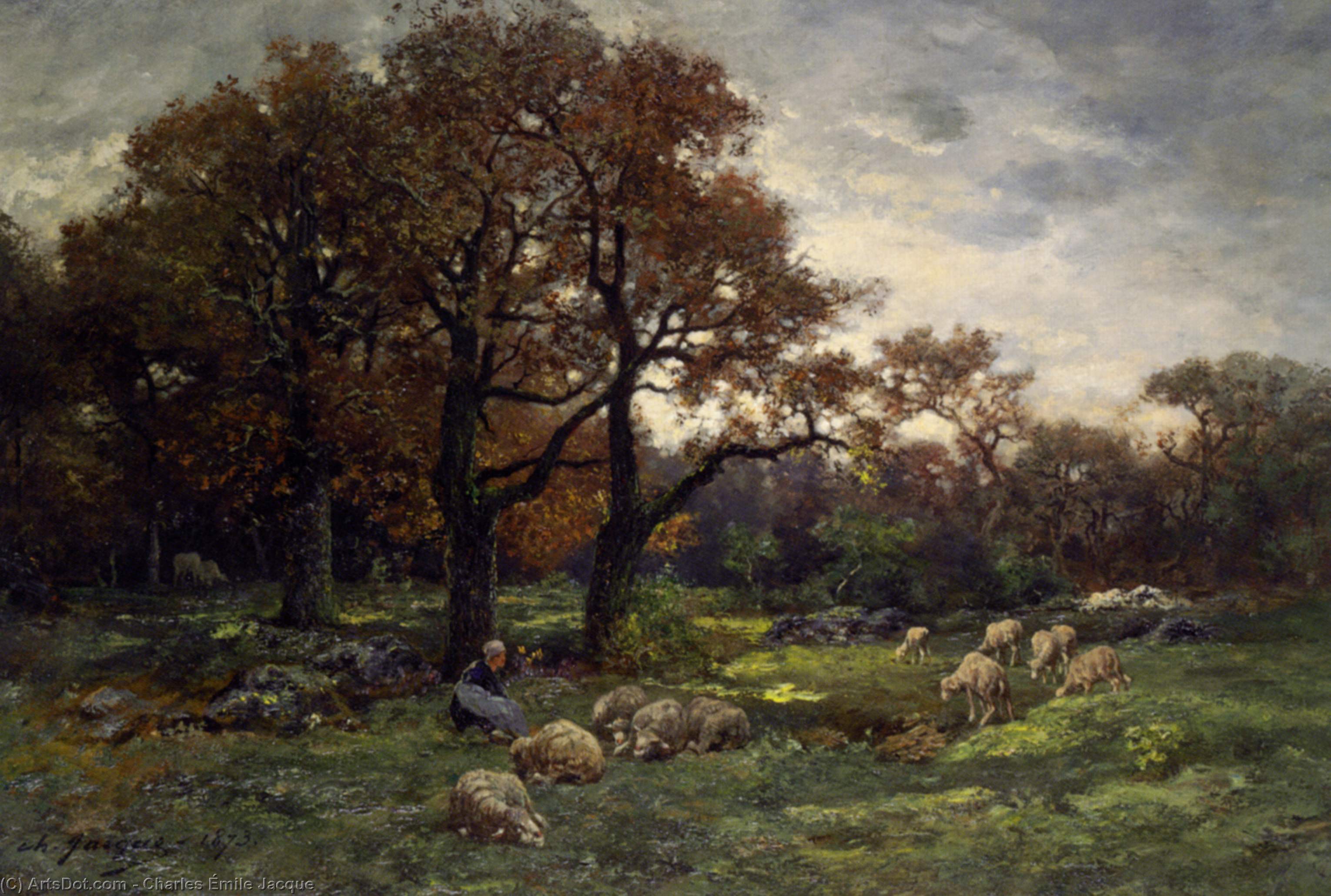 Wikioo.org - The Encyclopedia of Fine Arts - Painting, Artwork by Charles Émile Jacque - Sheperdess in a Forest at Dusk