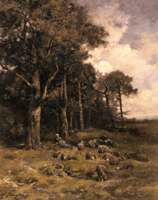 WikiOO.org - 百科事典 - 絵画、アートワーク Charles Émile Jacque - 彼女のフロックで一休みする羊飼い